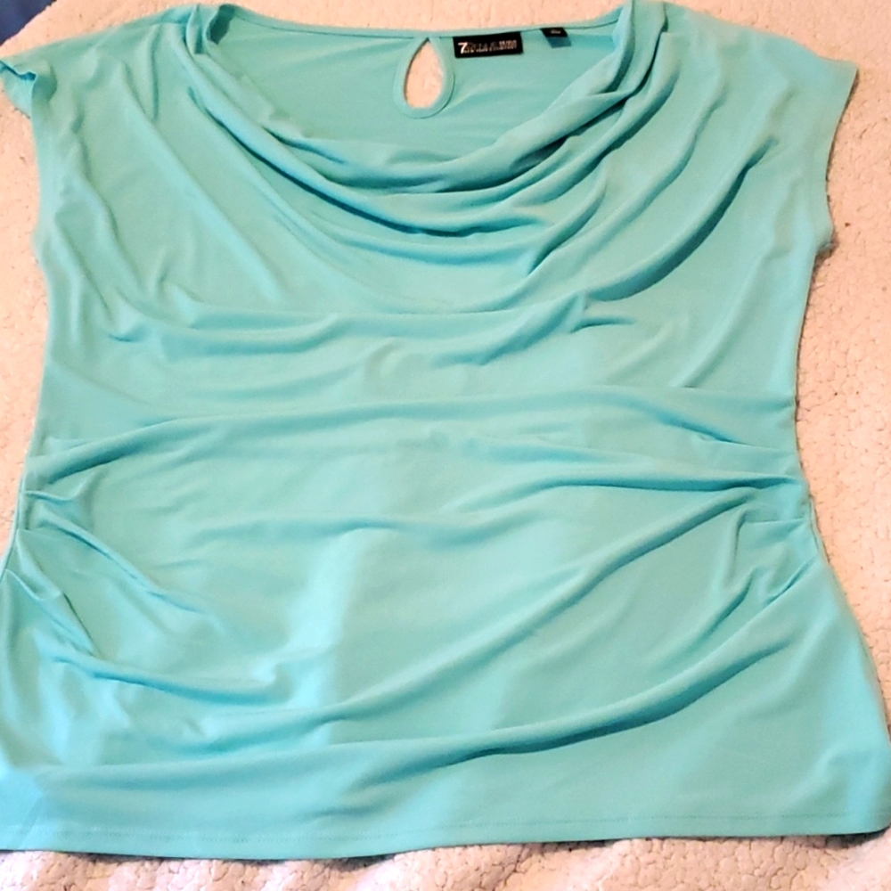 New York & Co aqua blue cap sleeve top with cowl neck and side ruching